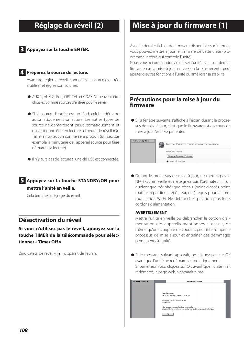 Mise à jour du firmware, Réglage du réveil (2) mise à jour du firmware (1), Précautions pour la mise à jour du firmware | Désactivation du réveil | Teac NP-H750 User Manual | Page 108 / 176