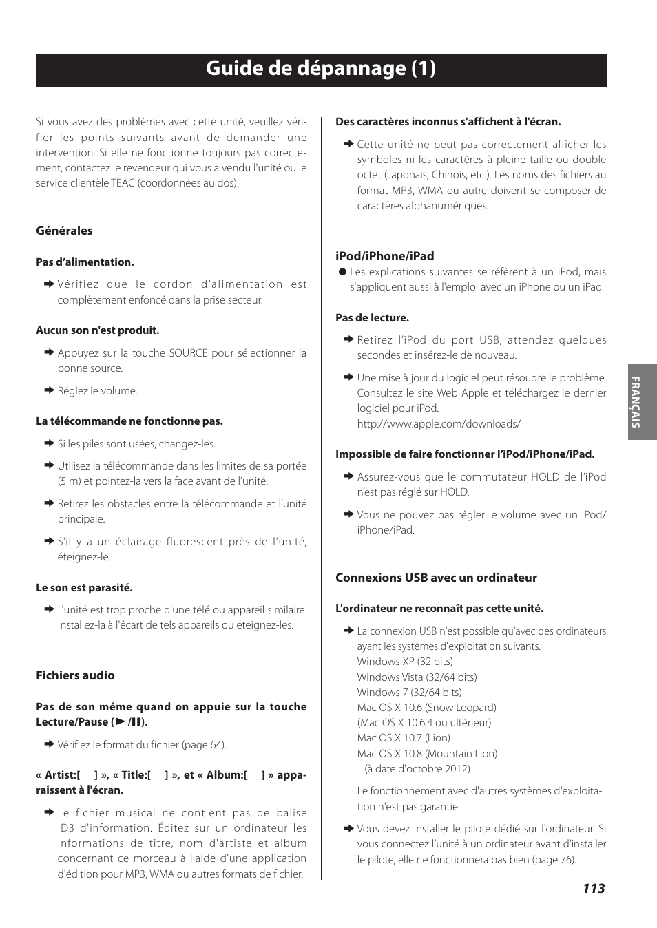 Guide de dépannage, Guide de dépannage (1) | Teac NP-H750 User Manual | Page 113 / 176