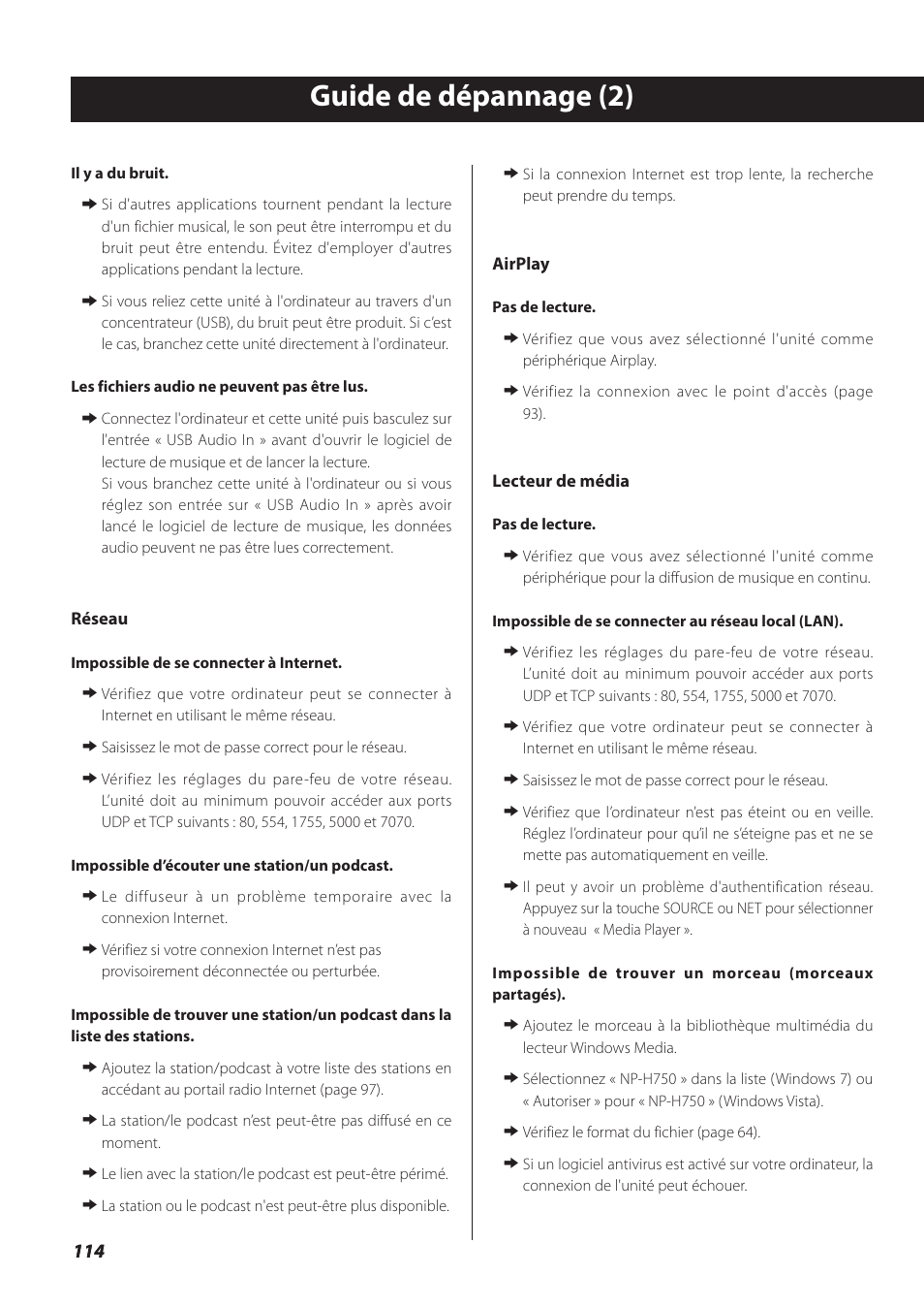 Guide de dépannage (2) | Teac NP-H750 User Manual | Page 114 / 176