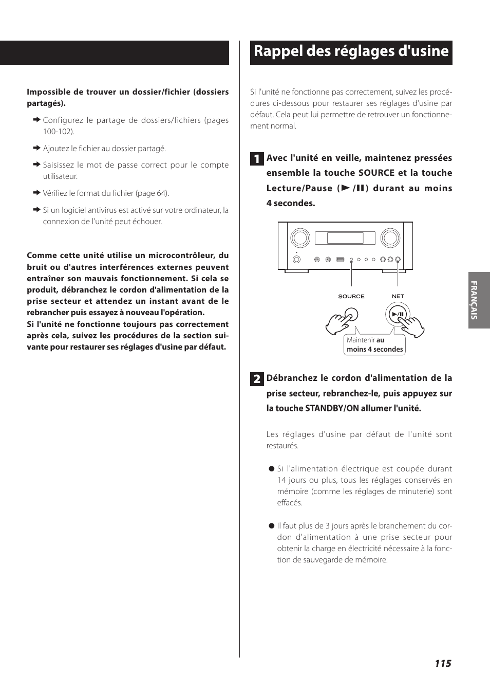 Rappel des réglages d'usine | Teac NP-H750 User Manual | Page 115 / 176