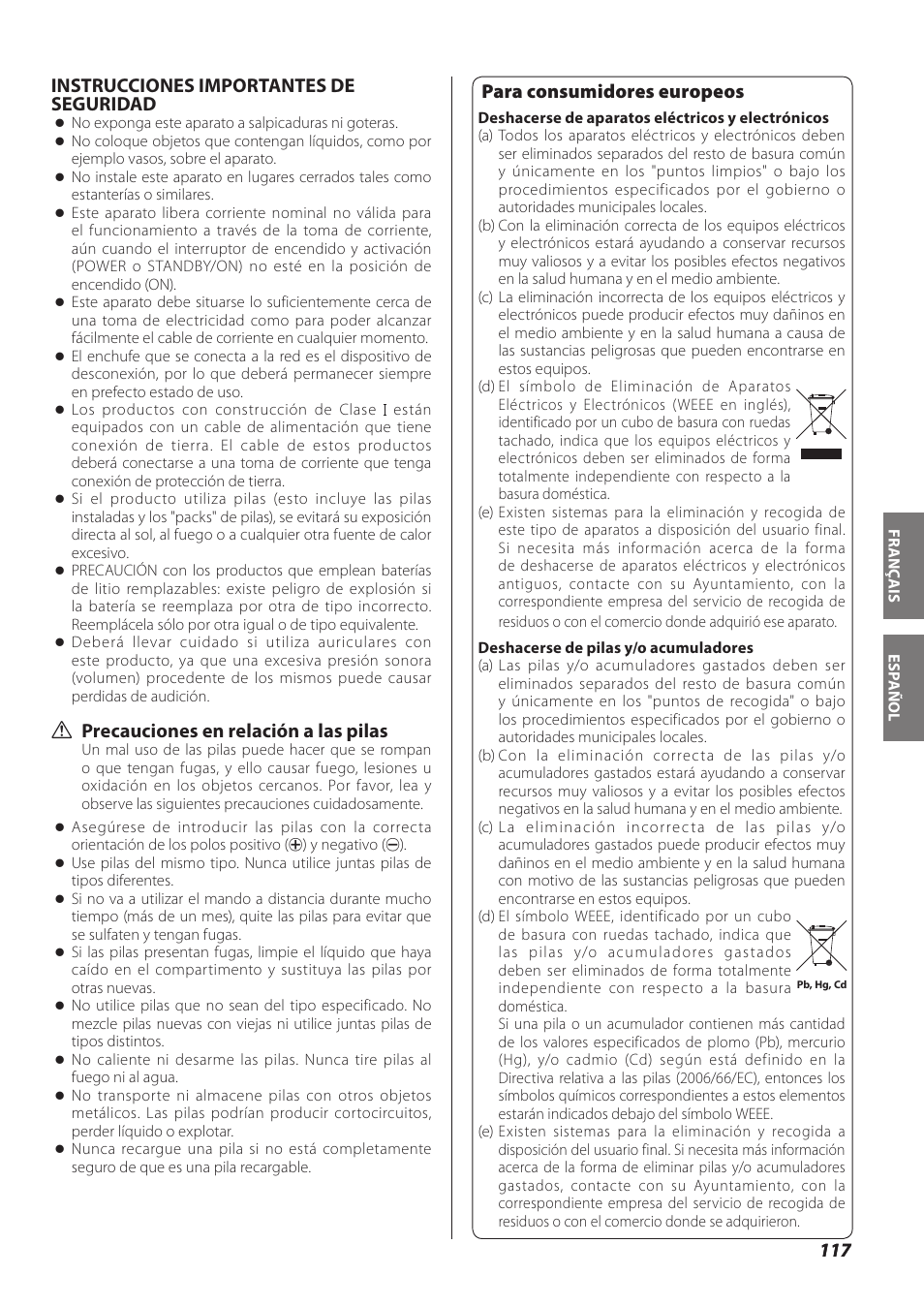 Español, Instrucciones importantes de seguridad, Q precauciones en relación a las pilas | Para consumidores europeos | Teac NP-H750 User Manual | Page 117 / 176