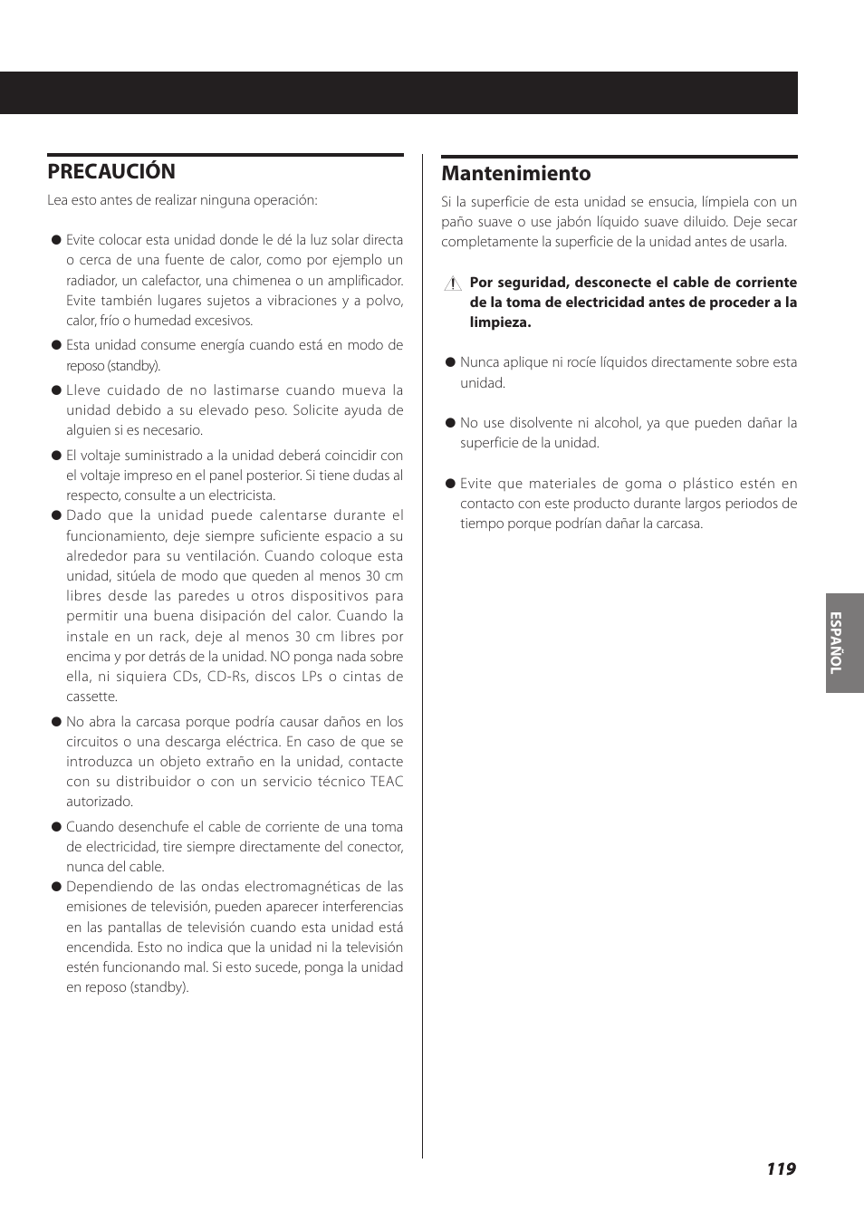 Precaución, Mantenimiento | Teac NP-H750 User Manual | Page 119 / 176