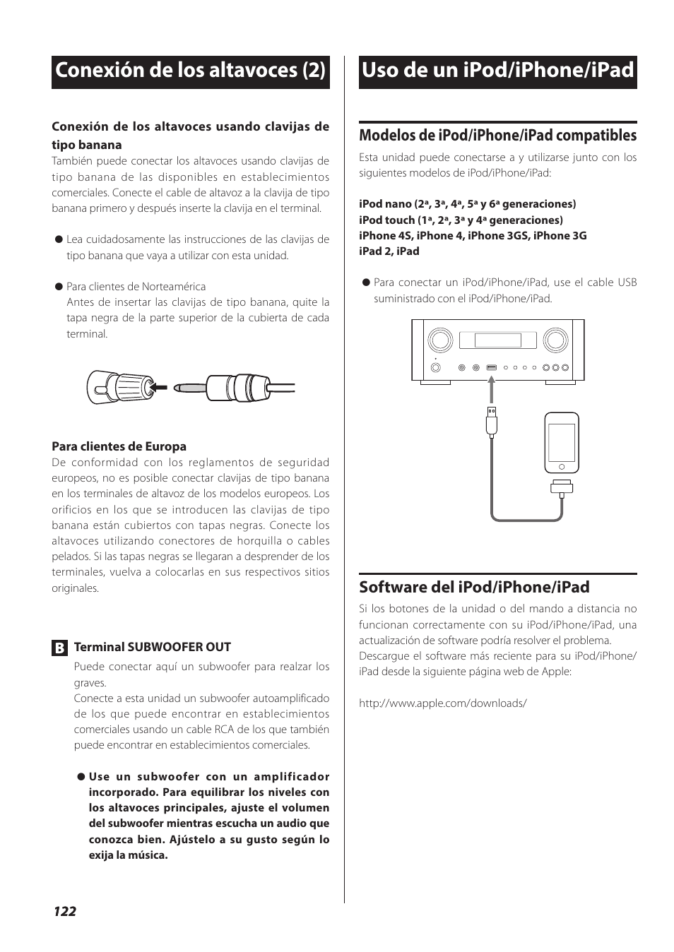 Conexión de los altavoces (2), Uso de un ipod/iphone/ipad, Modelos de ipod/iphone/ipad compatibles | Software del ipod/iphone/ipad | Teac NP-H750 User Manual | Page 122 / 176