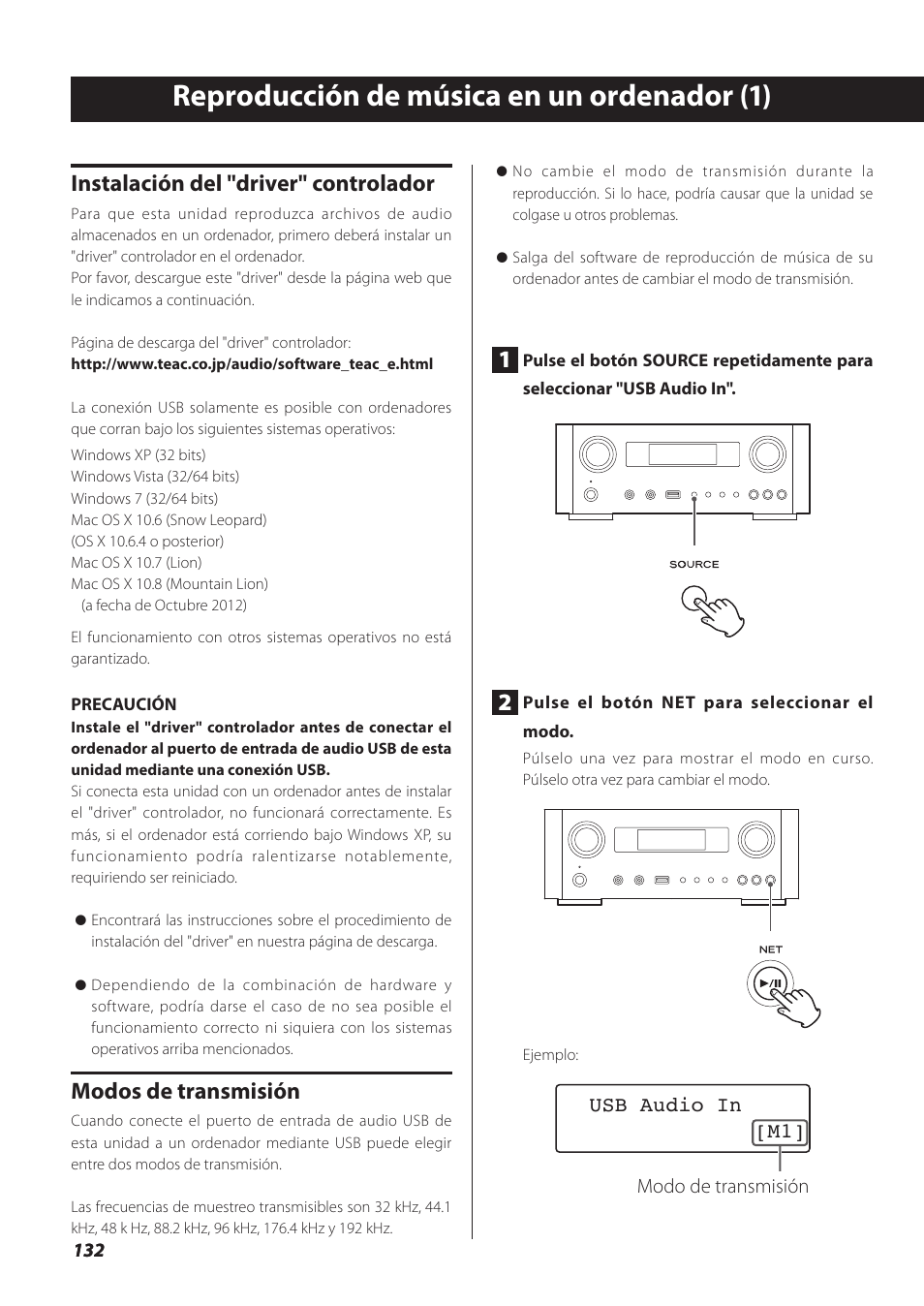 Reproducción de música en un ordenador, Reproducción de música en un ordenador (1), Instalación del "driver" controlador | Modos de transmisión | Teac NP-H750 User Manual | Page 132 / 176