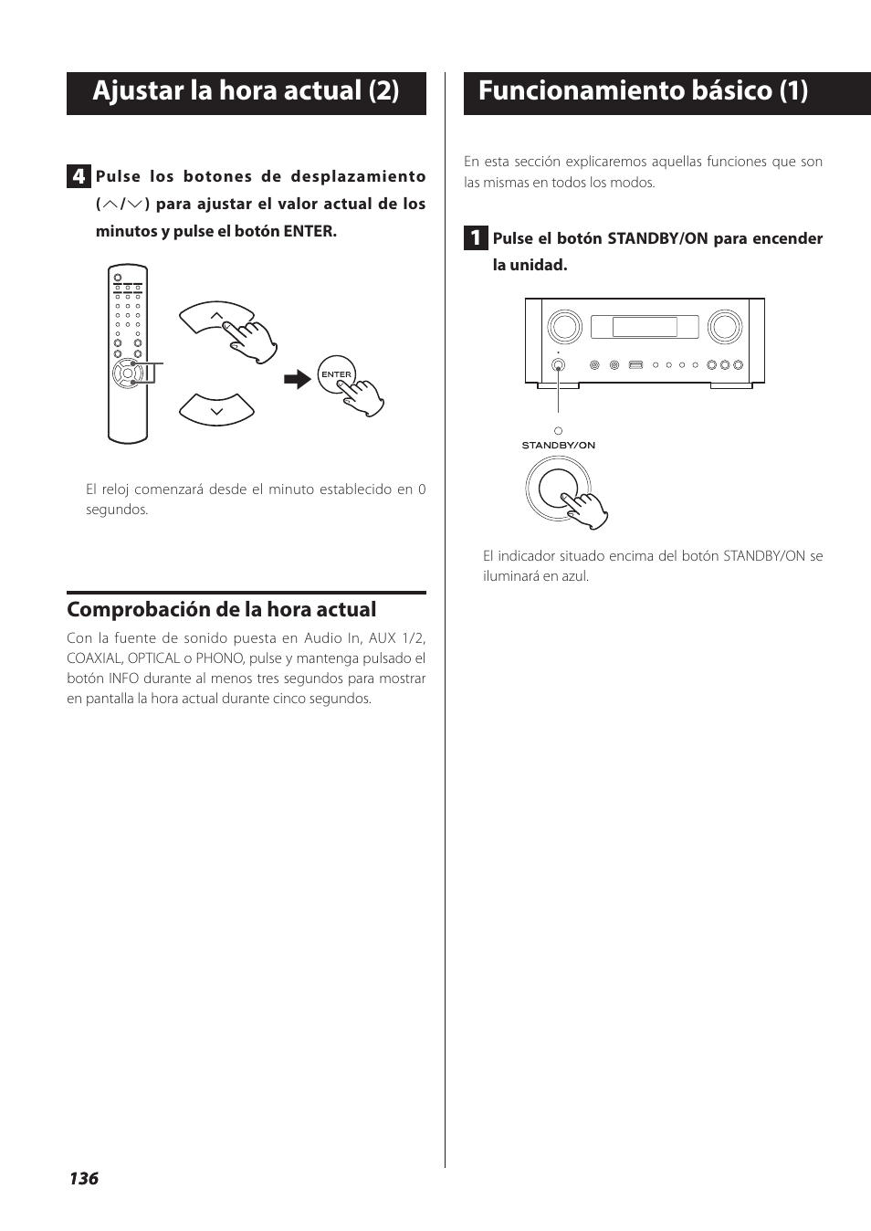 Funcionamiento básico, Funcionamiento básico (1), Ajustar la hora actual (2) | Teac NP-H750 User Manual | Page 136 / 176