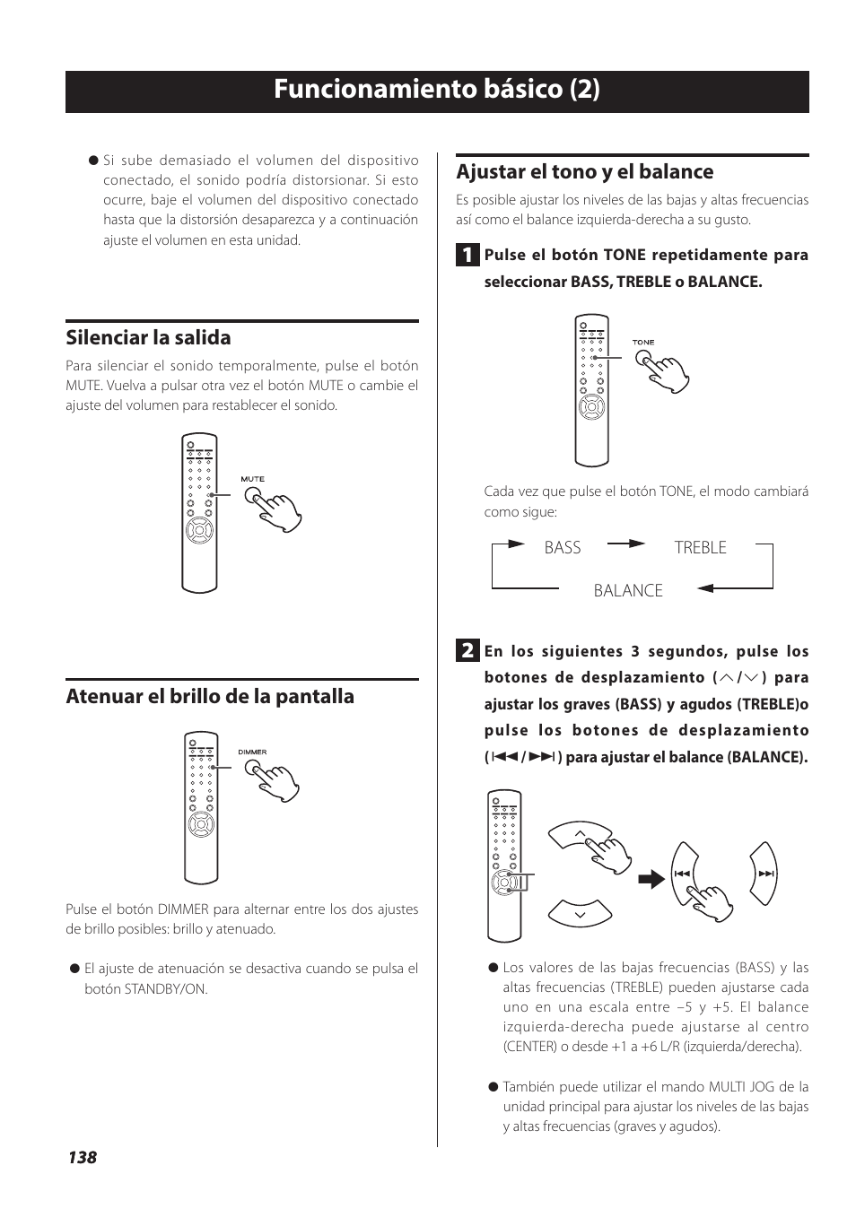 Funcionamiento básico (2), Silenciar la salida, Atenuar el brillo de la pantalla | Ajustar el tono y el balance | Teac NP-H750 User Manual | Page 138 / 176