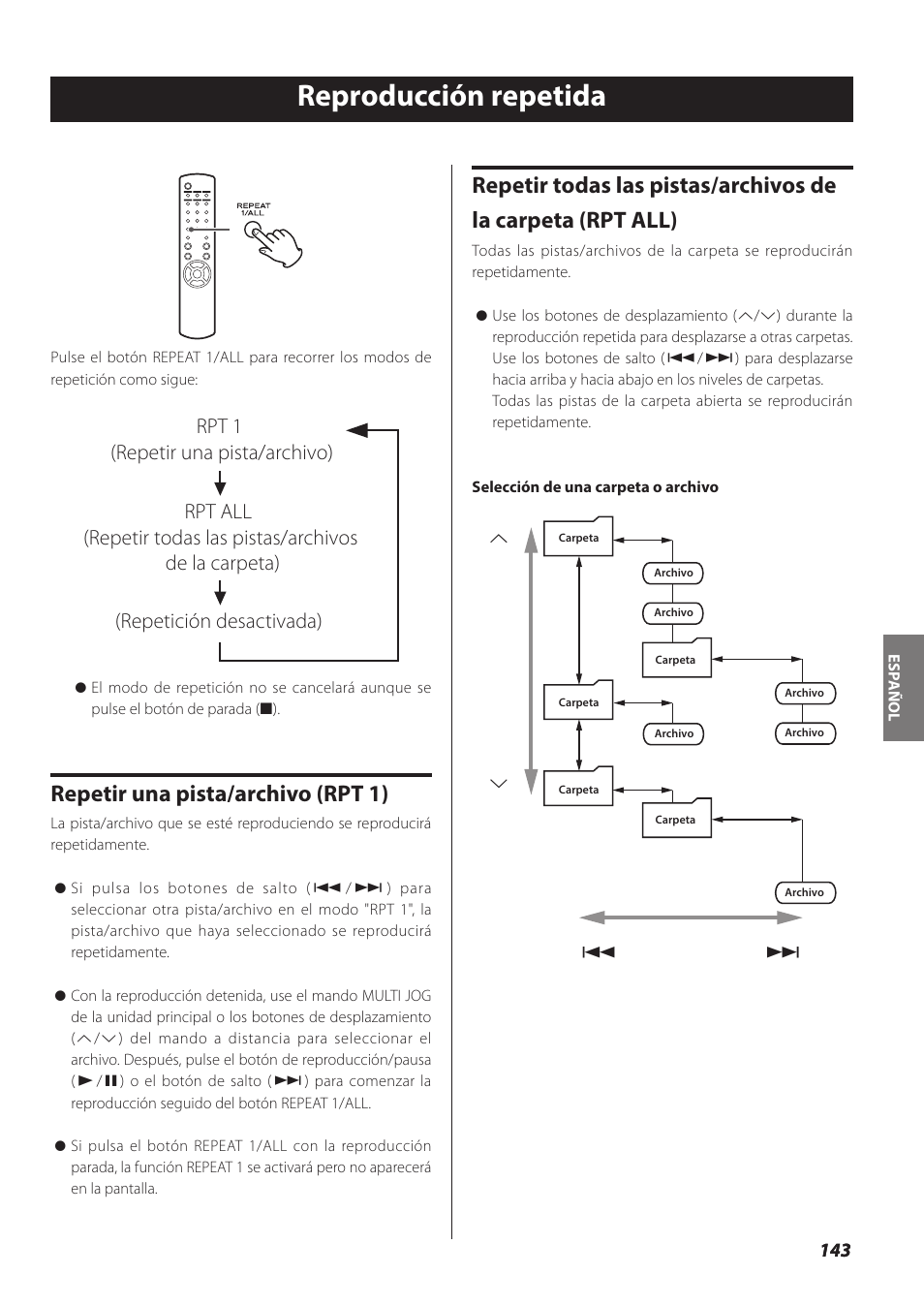 Reproducción repetida, Repetir una pista/archivo (rpt 1) | Teac NP-H750 User Manual | Page 143 / 176