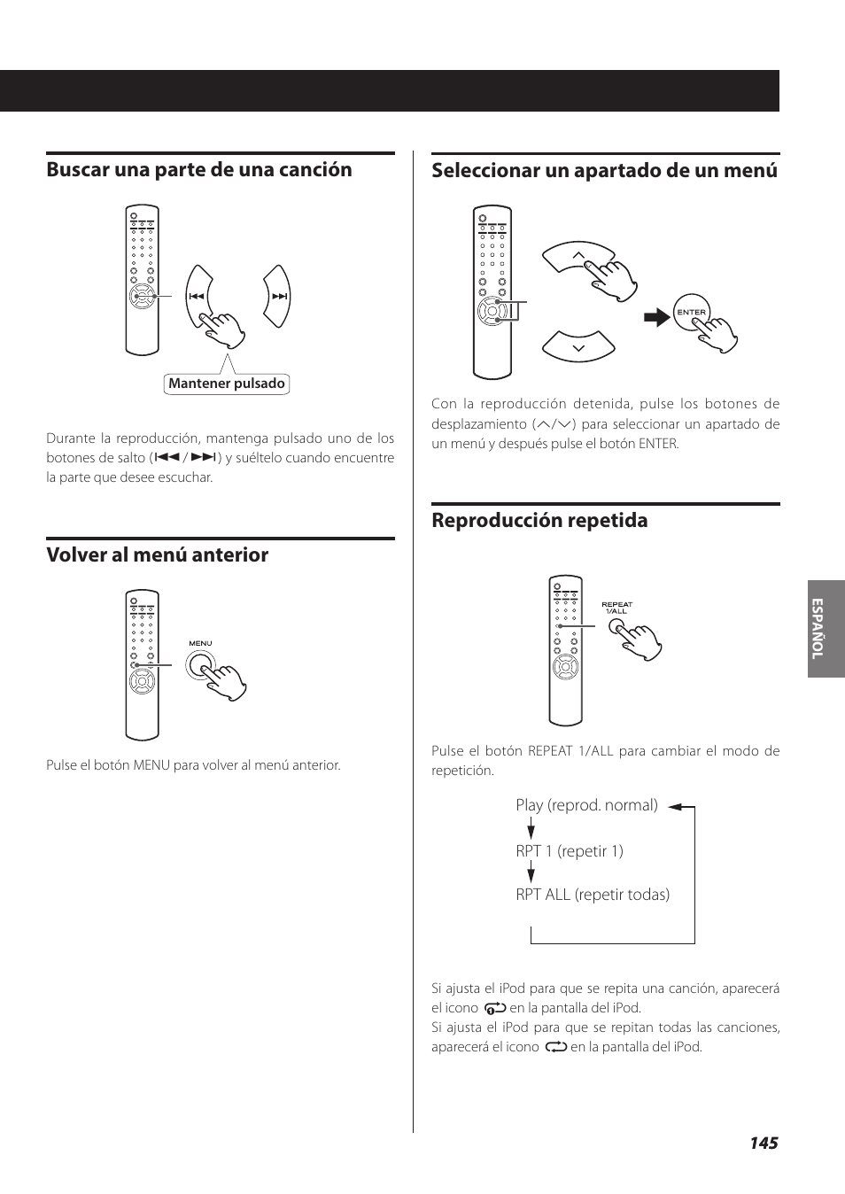 Seleccionar un apartado de un menú, Reproducción repetida, Buscar una parte de una canción | Volver al menú anterior | Teac NP-H750 User Manual | Page 145 / 176