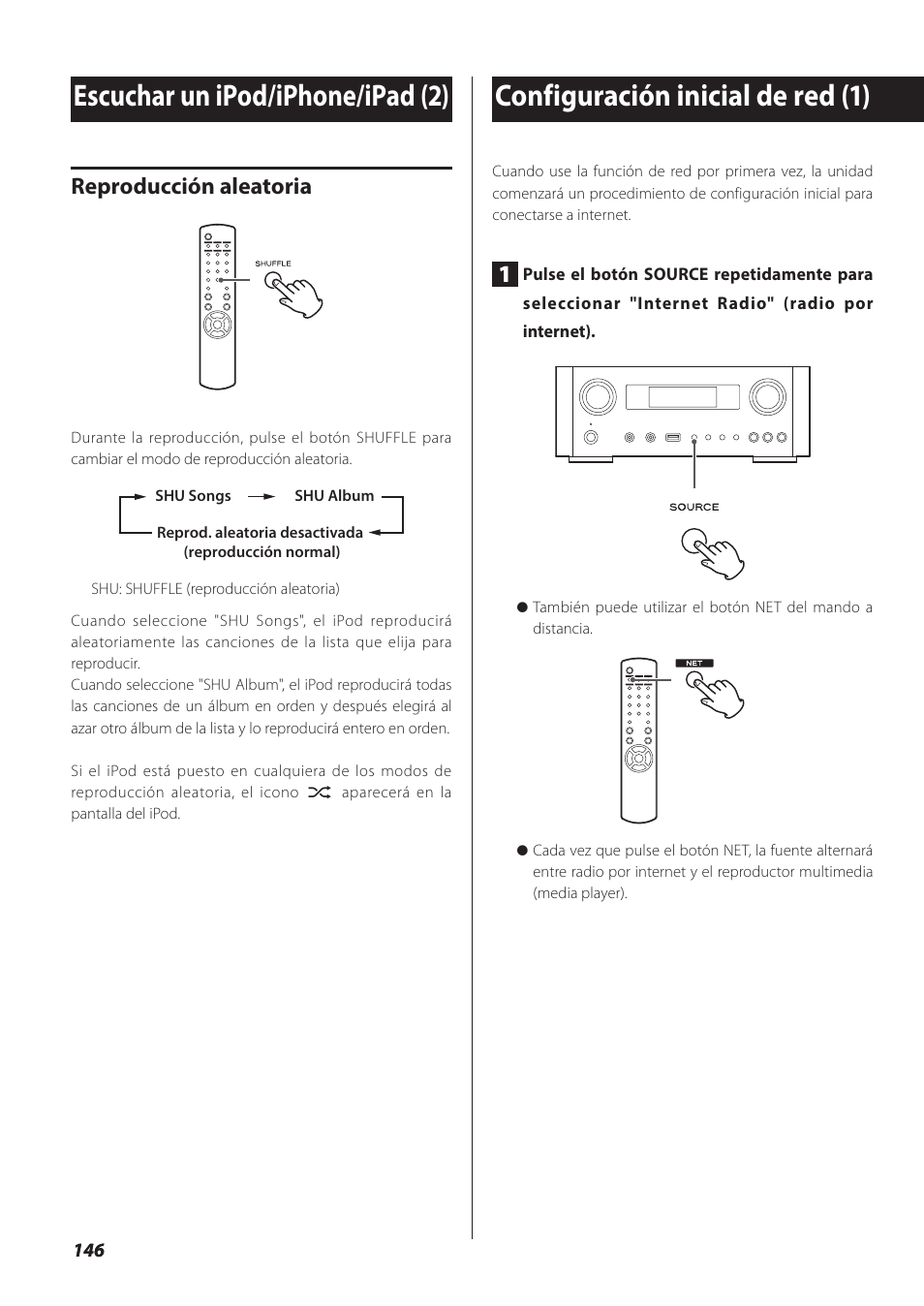 Configuración inicial de red, Reproducción aleatoria | Teac NP-H750 User Manual | Page 146 / 176