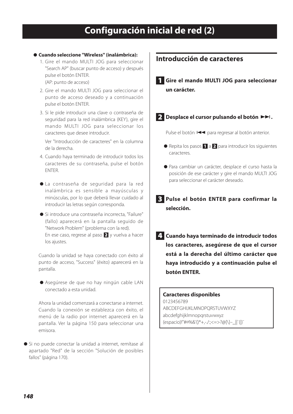 Configuración inicial de red (2), Introducción de caracteres 1 | Teac NP-H750 User Manual | Page 148 / 176