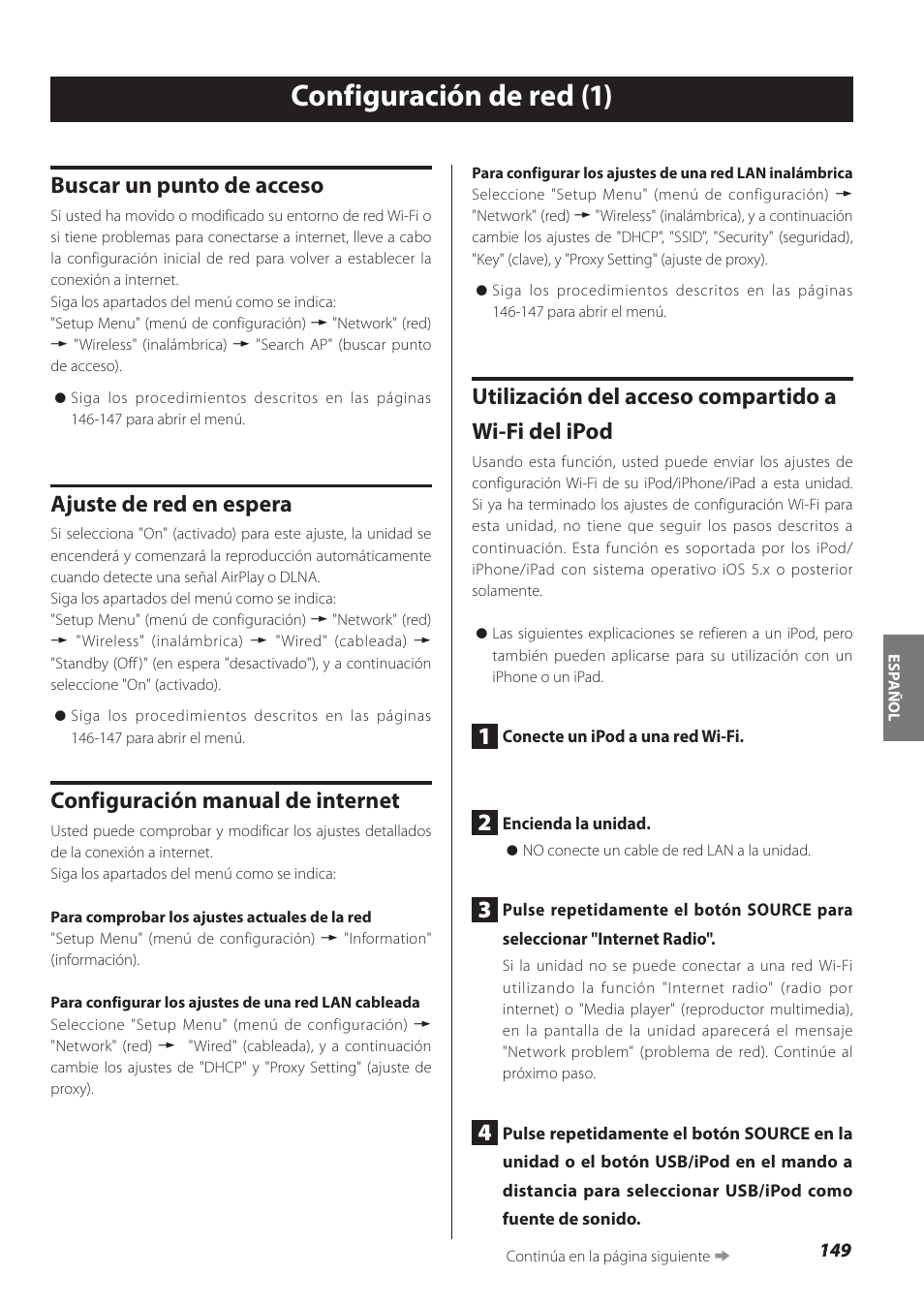 Configuración de red, Configuración de red (1), Buscar un punto de acceso | Ajuste de red en espera, Configuración manual de internet, Utilización del acceso compartido a wi-fi del ipod | Teac NP-H750 User Manual | Page 149 / 176