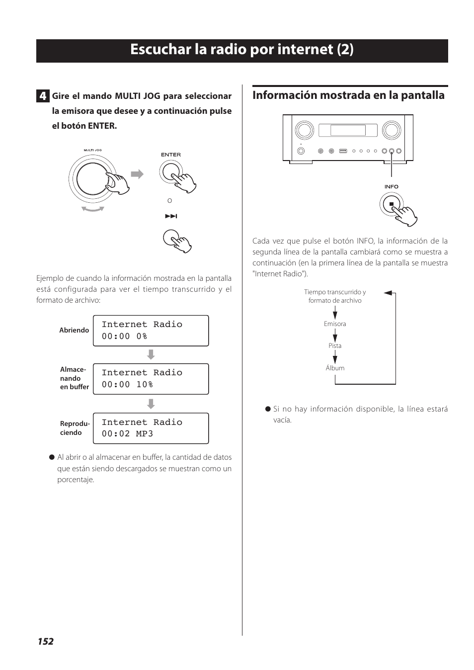 Escuchar la radio por internet (2), Información mostrada en la pantalla | Teac NP-H750 User Manual | Page 152 / 176