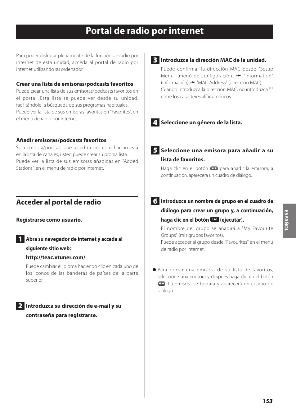 Portal de radio por internet, Acceder al portal de radio | Teac NP-H750 User Manual | Page 153 / 176