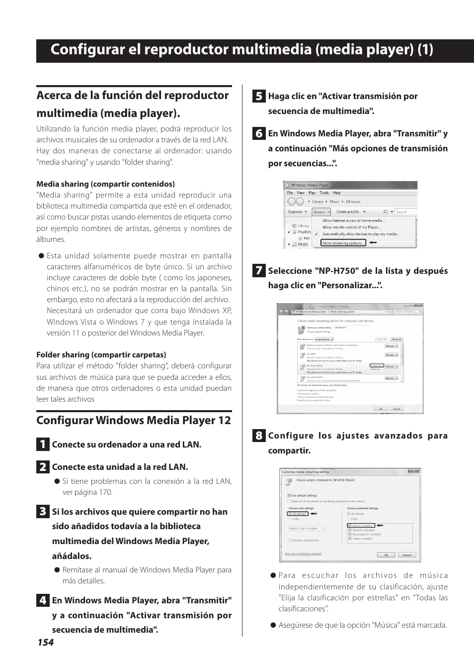 Ina 154), Configurar windows media player 12 1 | Teac NP-H750 User Manual | Page 154 / 176