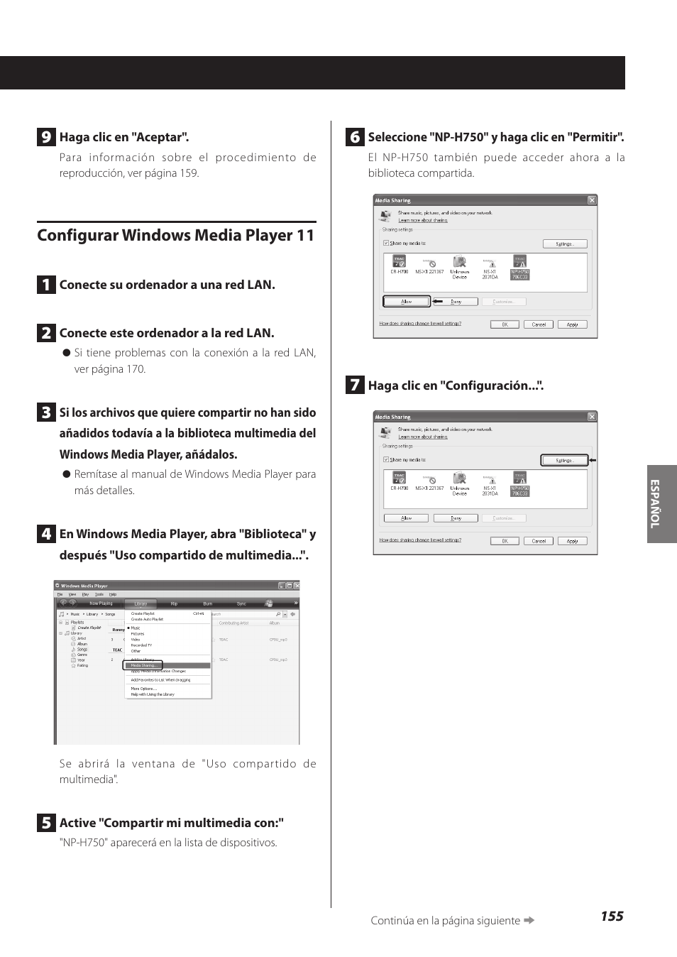 Configurar windows media player 11 1 | Teac NP-H750 User Manual | Page 155 / 176