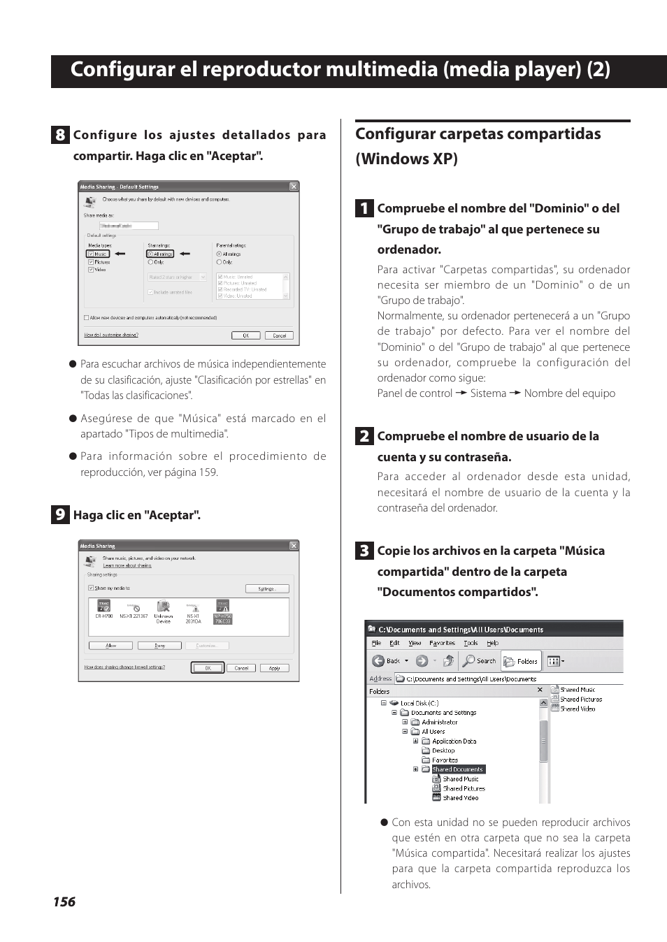 Configurar carpetas compartidas (windows xp) 1 | Teac NP-H750 User Manual | Page 156 / 176