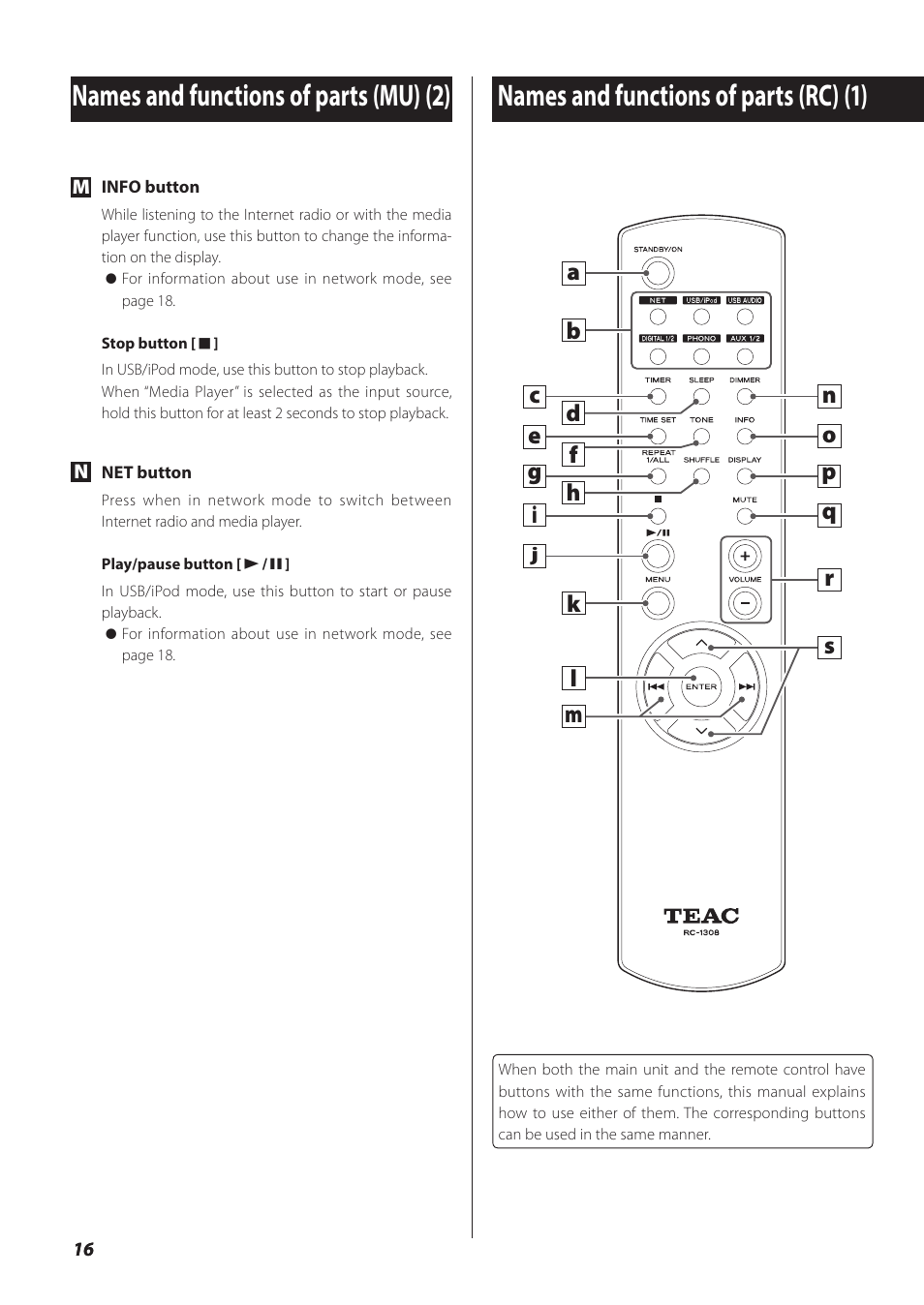 Names and functions of parts (remote control), Names and functions of parts (remote control unit), Names and functions of parts (rc) (1) | Names and functions of parts (mu) (2) | Teac NP-H750 User Manual | Page 16 / 176