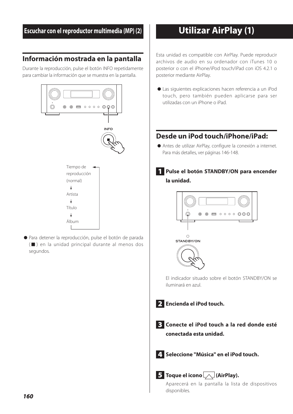 Utilizar airplay, Ina 160), Utilizar airplay (1) | Escuchar con el reproductor multimedia (mp) (2), Desde un ipod touch/iphone/ipad, Información mostrada en la pantalla | Teac NP-H750 User Manual | Page 160 / 176