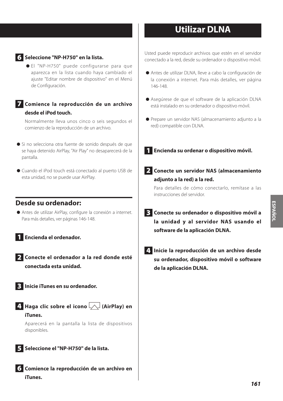 Utilizar dlna, Ina 161), Desde su ordenador | Teac NP-H750 User Manual | Page 161 / 176