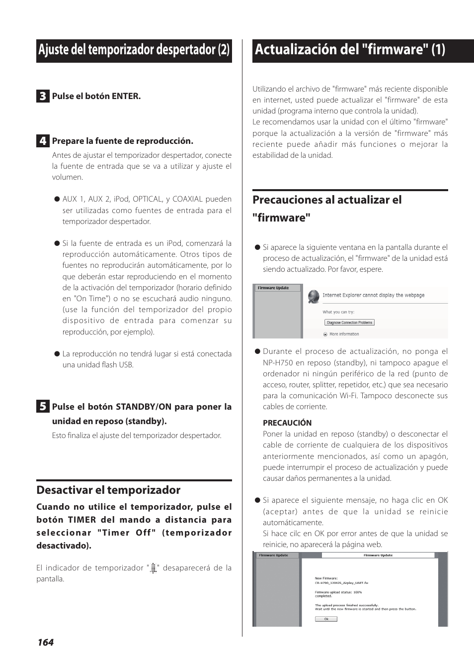 Actualización del "firmware, Precauciones al actualizar el "firmware, Desactivar el temporizador | Teac NP-H750 User Manual | Page 164 / 176