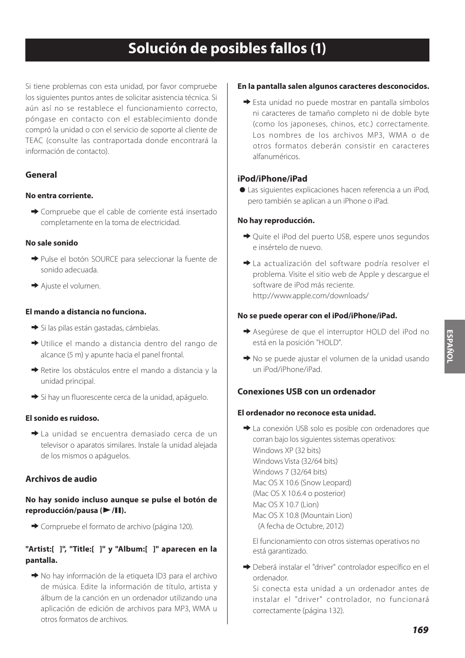 Solución de posibles fallos, Solución de posibles fallos (1) | Teac NP-H750 User Manual | Page 169 / 176