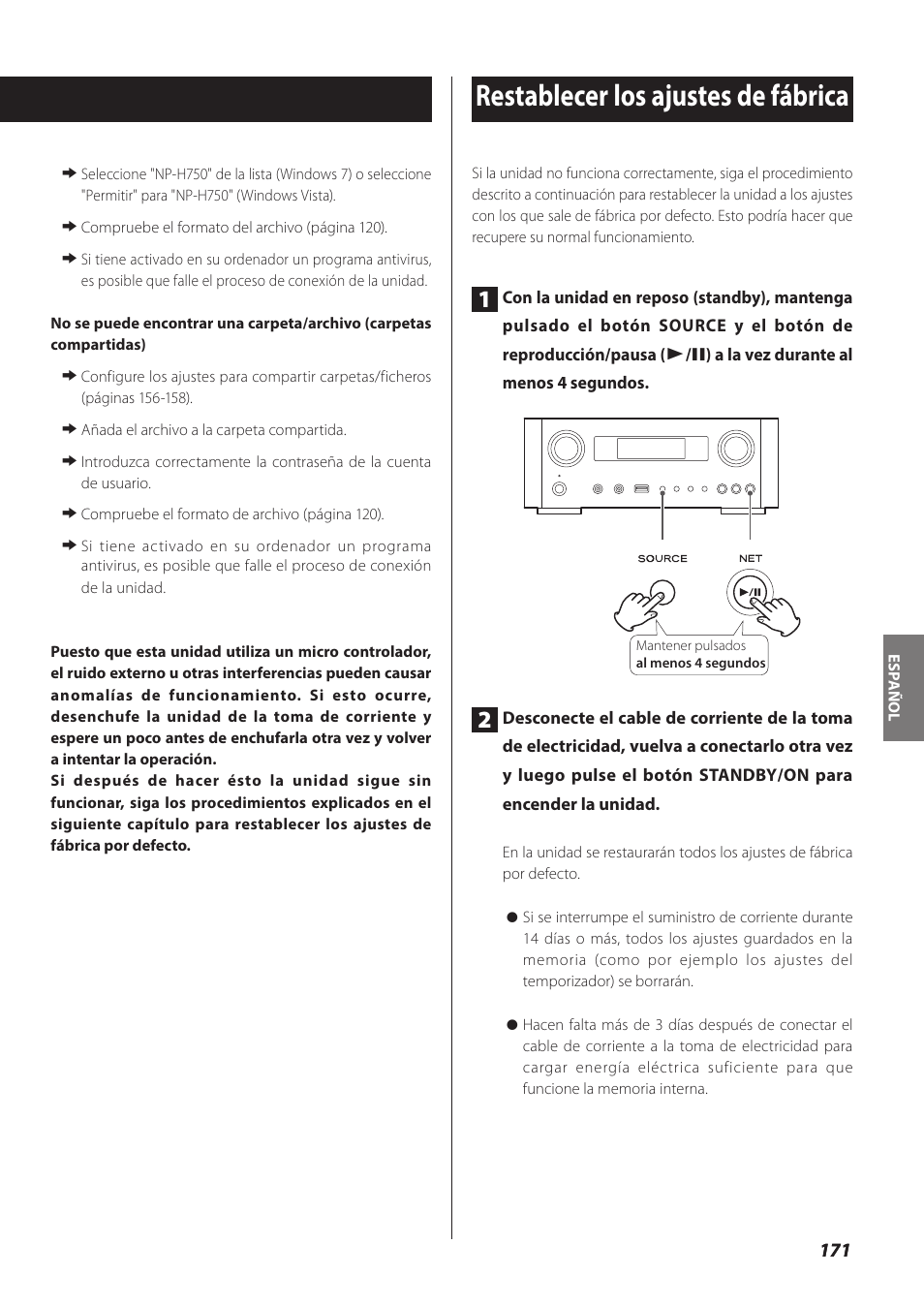 Restablecer los ajustes de fábrica | Teac NP-H750 User Manual | Page 171 / 176