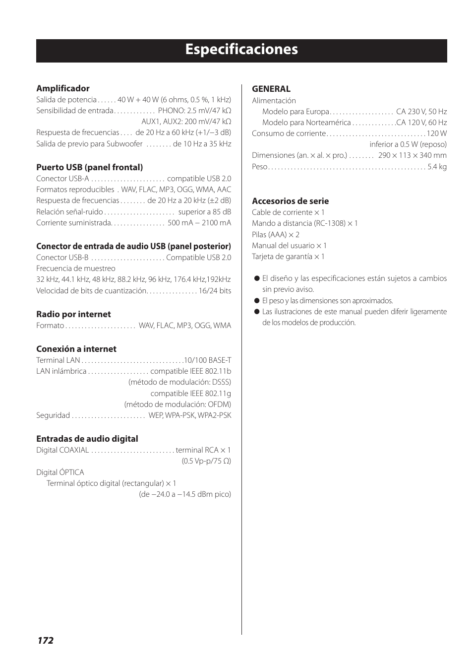 Especificaciones | Teac NP-H750 User Manual | Page 172 / 176