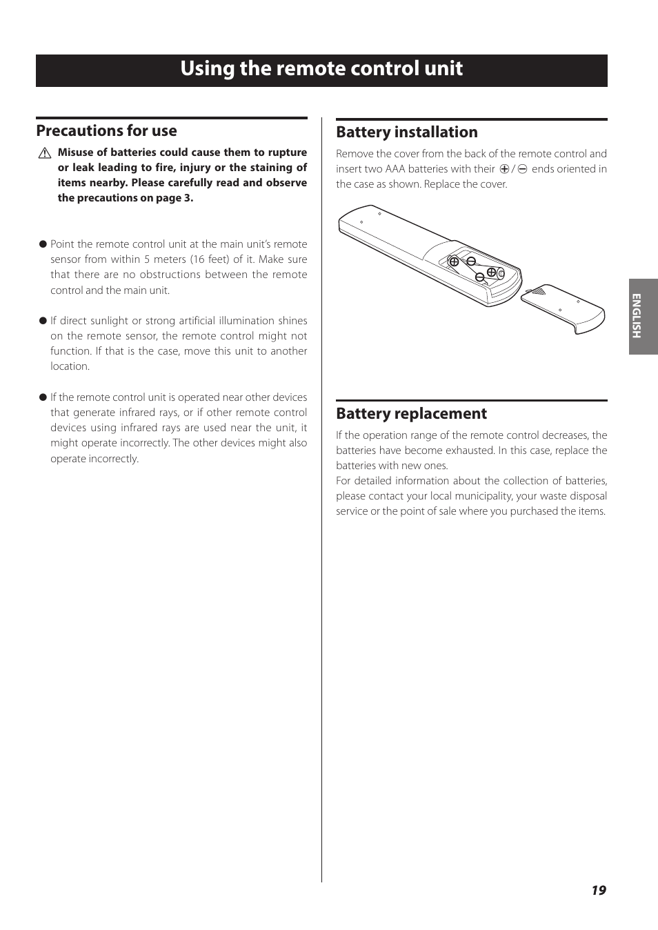 Using the remote control unit, Precautions for use, Battery installation | Battery replacement | Teac NP-H750 User Manual | Page 19 / 176