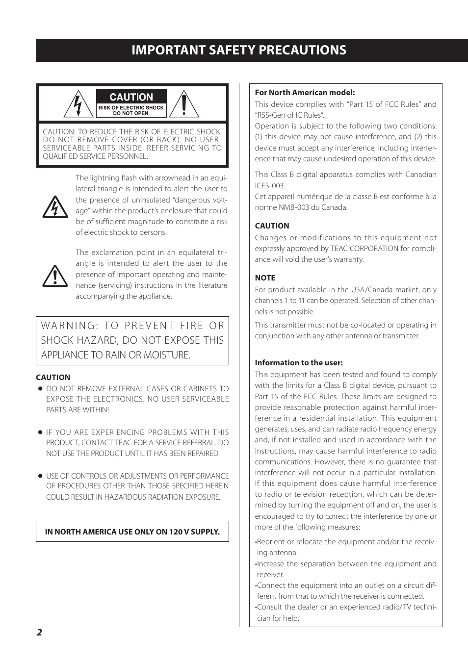 Important safety precautions | Teac NP-H750 User Manual | Page 2 / 176