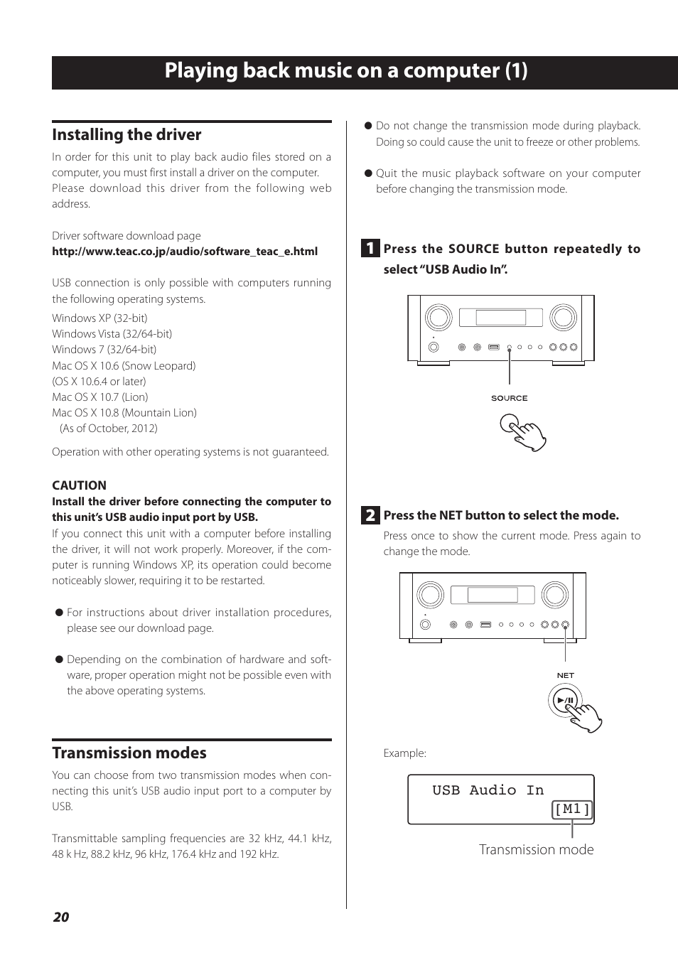 Playing back music on a computer, Playing back music on a computer (1), Installing the driver | Transmission modes | Teac NP-H750 User Manual | Page 20 / 176