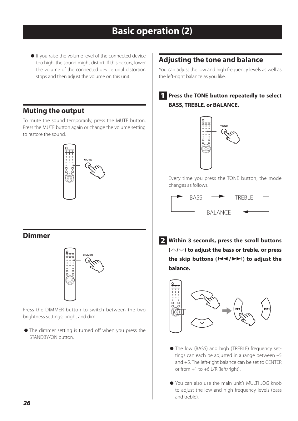 Basic operation (2), Muting the output, Dimmer | Adjusting the tone and balance | Teac NP-H750 User Manual | Page 26 / 176