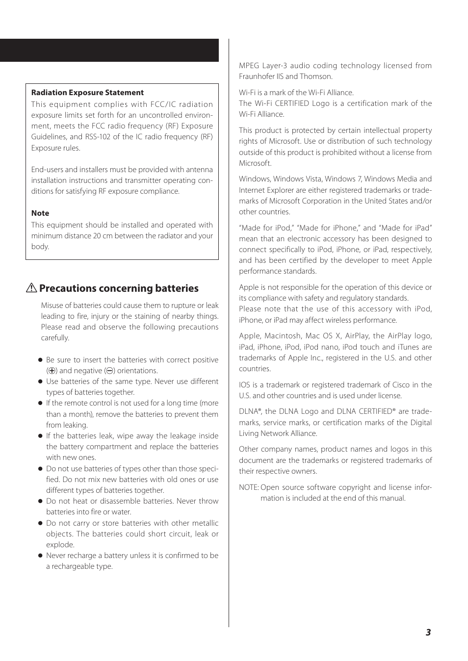 Q precautions concerning batteries | Teac NP-H750 User Manual | Page 3 / 176