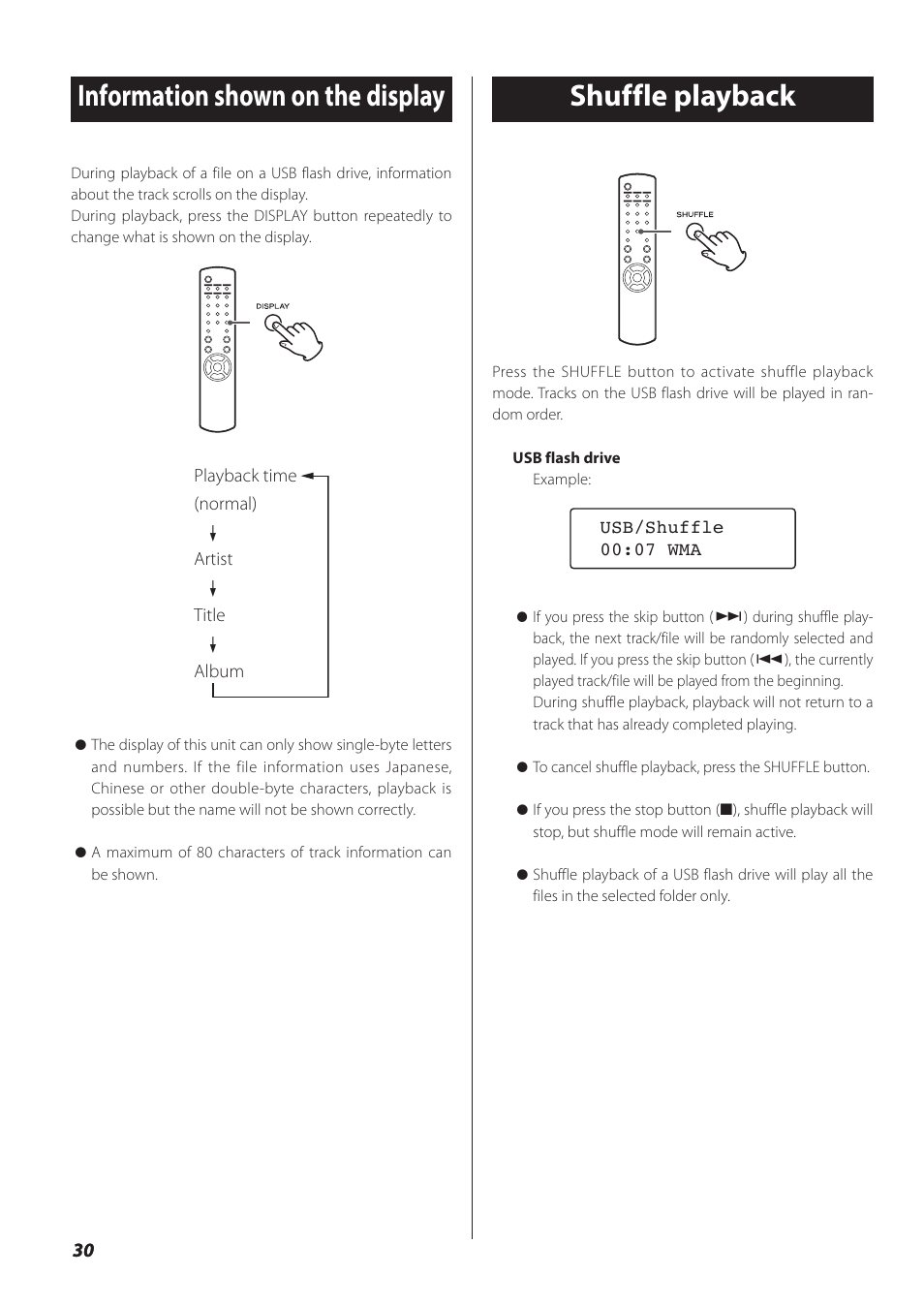 Information shown on the display, Shuffle playback, Information shown on the display shuffle playback | Teac NP-H750 User Manual | Page 30 / 176