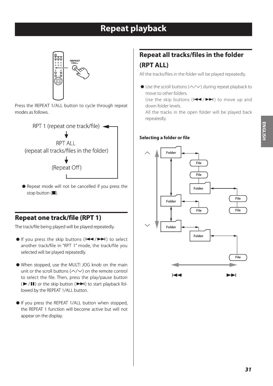 Repeat playback, Repeat one track/file (rpt 1), Repeat all tracks/files in the folder (rpt all) | Teac NP-H750 User Manual | Page 31 / 176