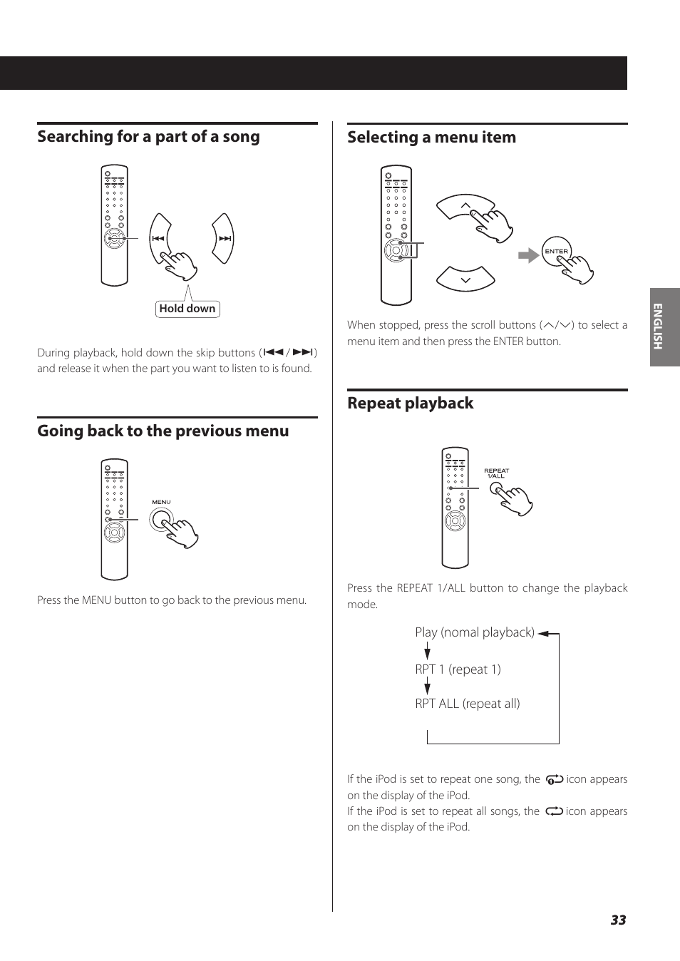 Selecting a menu item, Repeat playback, Searching for a part of a song | Going back to the previous menu | Teac NP-H750 User Manual | Page 33 / 176