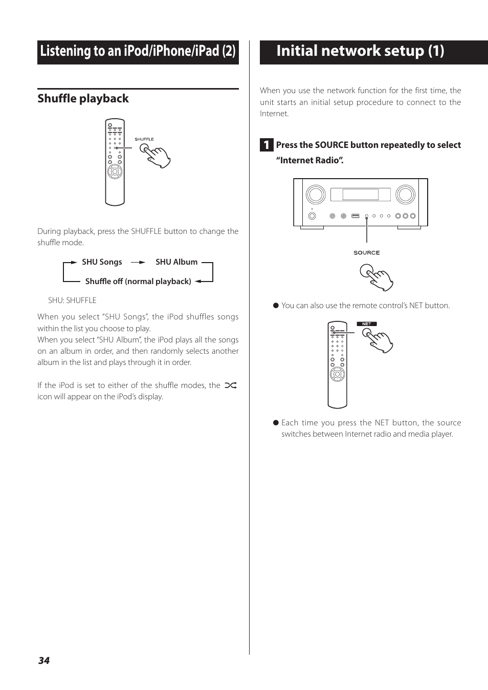 Initial network setup, Shuffle playback | Teac NP-H750 User Manual | Page 34 / 176