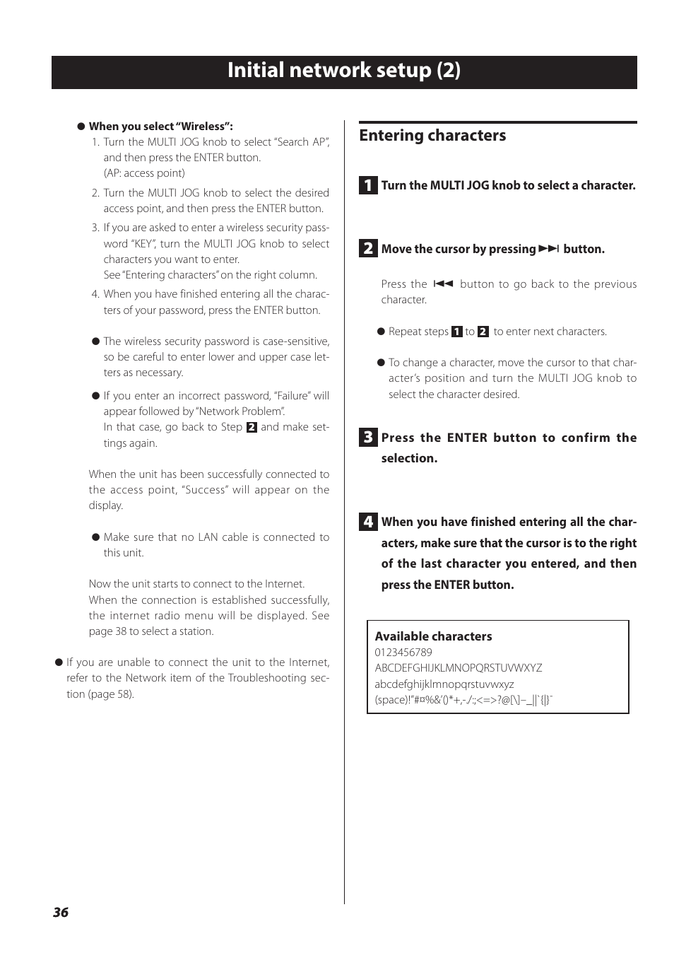 Initial network setup (2), Entering characters 1 | Teac NP-H750 User Manual | Page 36 / 176