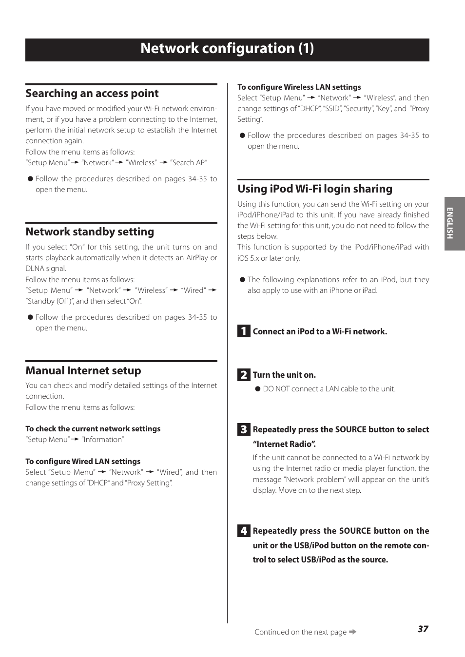 Network configuration, Network configuration (1), Searching an access point | Network standby setting, Manual internet setup, Using ipod wi-fi login sharing | Teac NP-H750 User Manual | Page 37 / 176