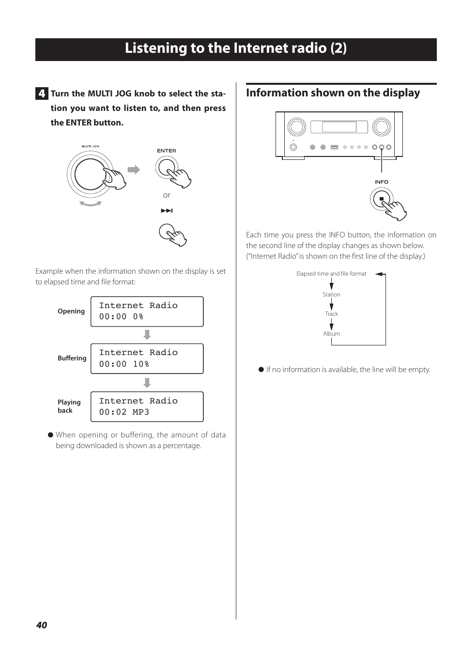 Listening to the internet radio (2), Information shown on the display | Teac NP-H750 User Manual | Page 40 / 176