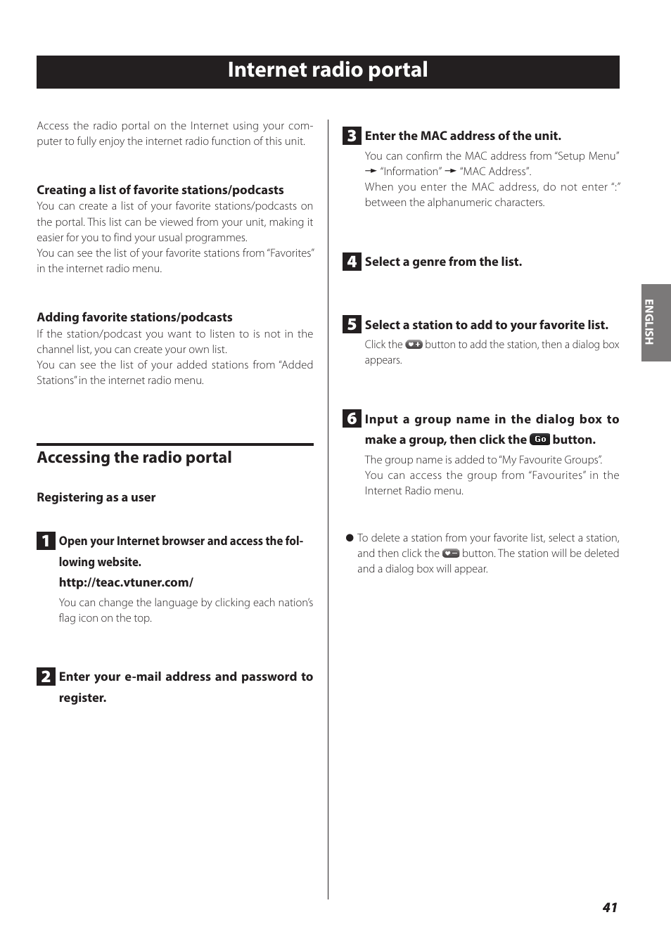 Internet radio portal, Accessing the radio portal | Teac NP-H750 User Manual | Page 41 / 176