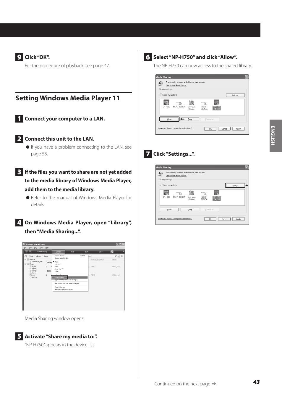 Setting windows media player 11 1 | Teac NP-H750 User Manual | Page 43 / 176