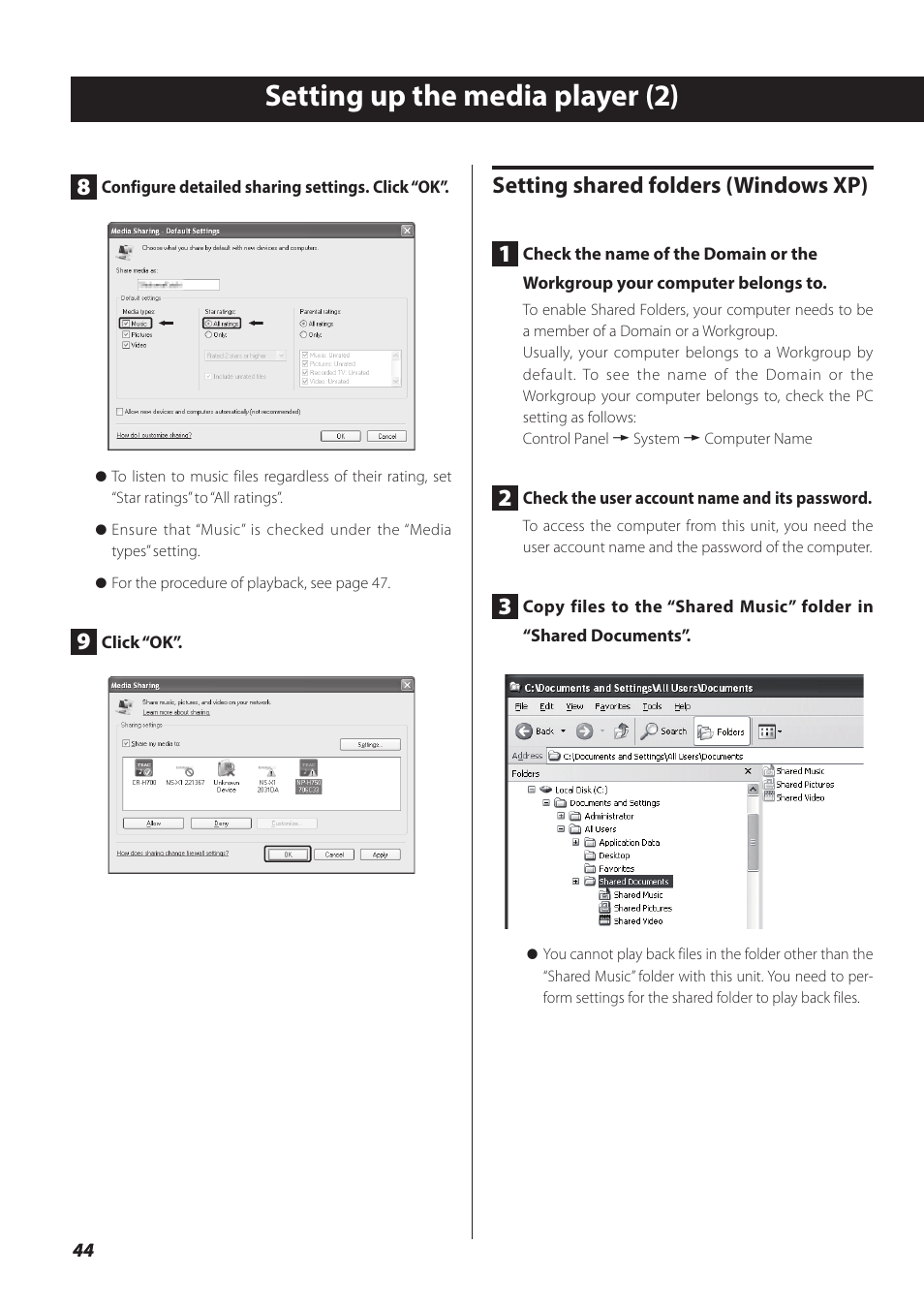 Setting up the media player (2), Setting shared folders (windows xp) 1 | Teac NP-H750 User Manual | Page 44 / 176