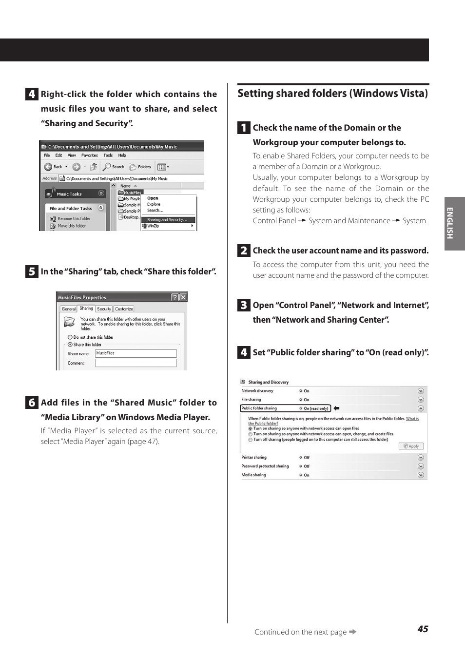 Setting shared folders (windows vista) 1 | Teac NP-H750 User Manual | Page 45 / 176