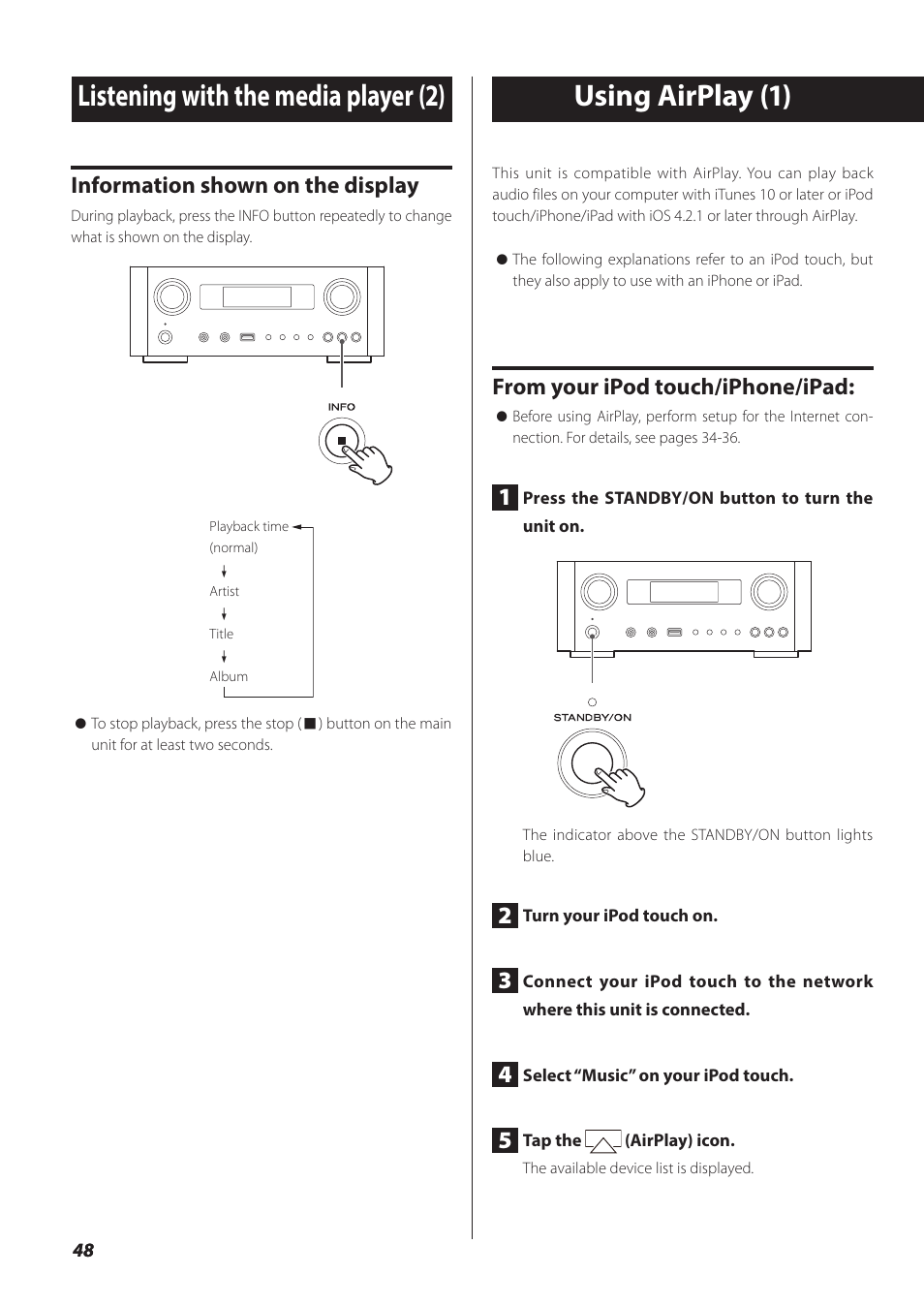 Using airplay, Information shown on the display | Teac NP-H750 User Manual | Page 48 / 176