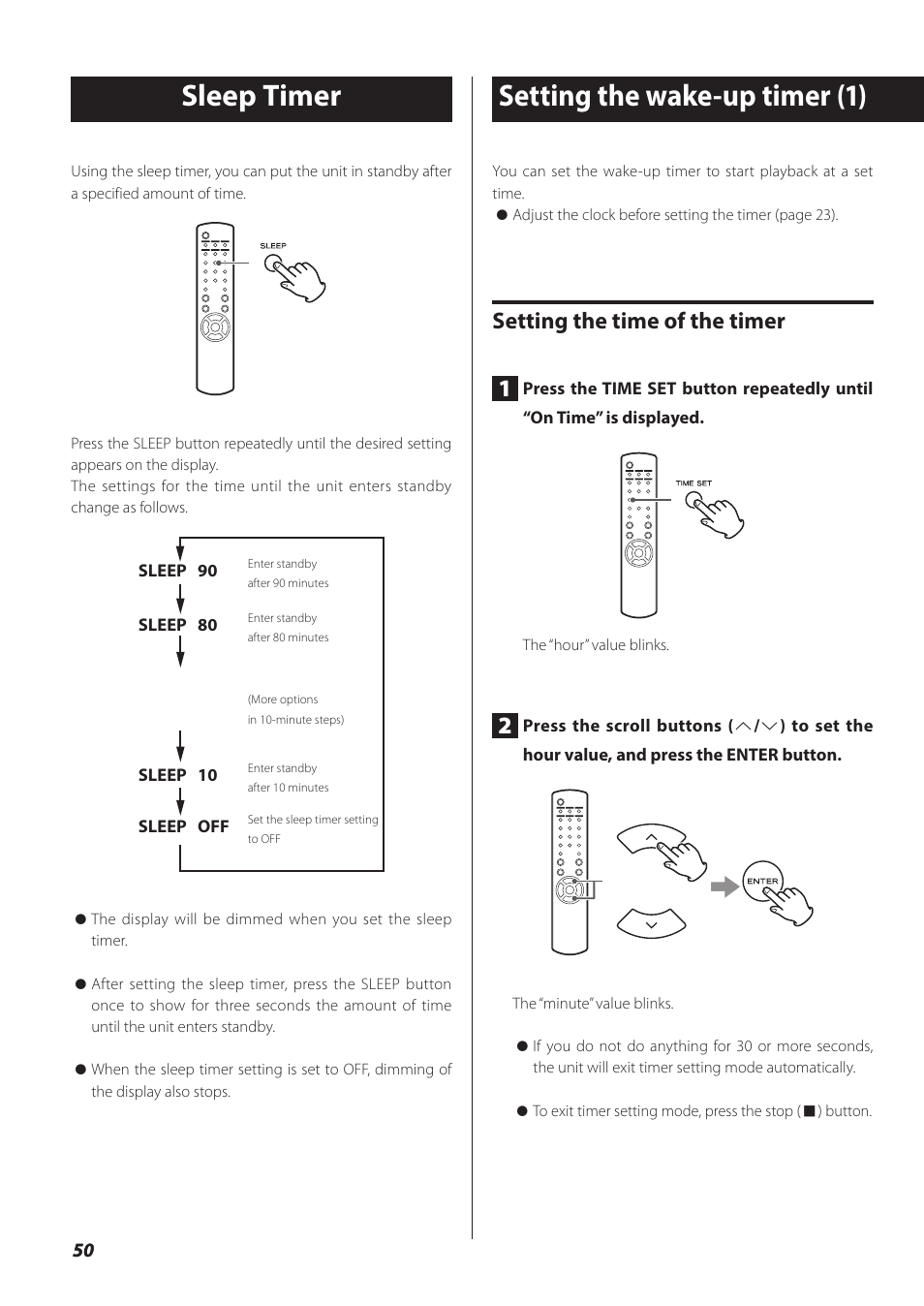 Sleep timer, Setting the wake-up timer, Sleep timer setting the wake-up timer | Setting the wake-up timer (1), Setting the time of the timer 1 | Teac NP-H750 User Manual | Page 50 / 176