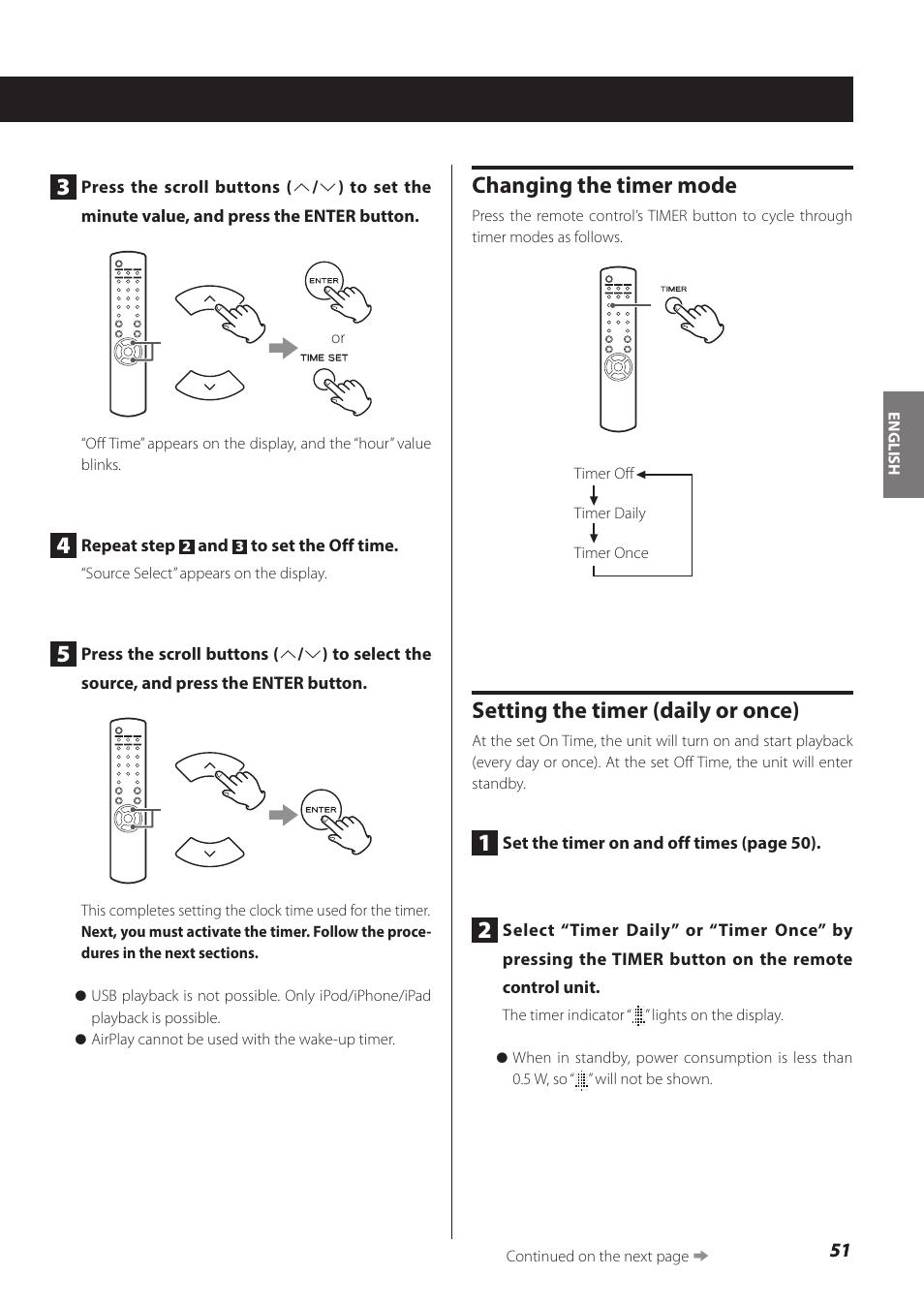 Changing the timer mode, Setting the timer (daily or once) | Teac NP-H750 User Manual | Page 51 / 176