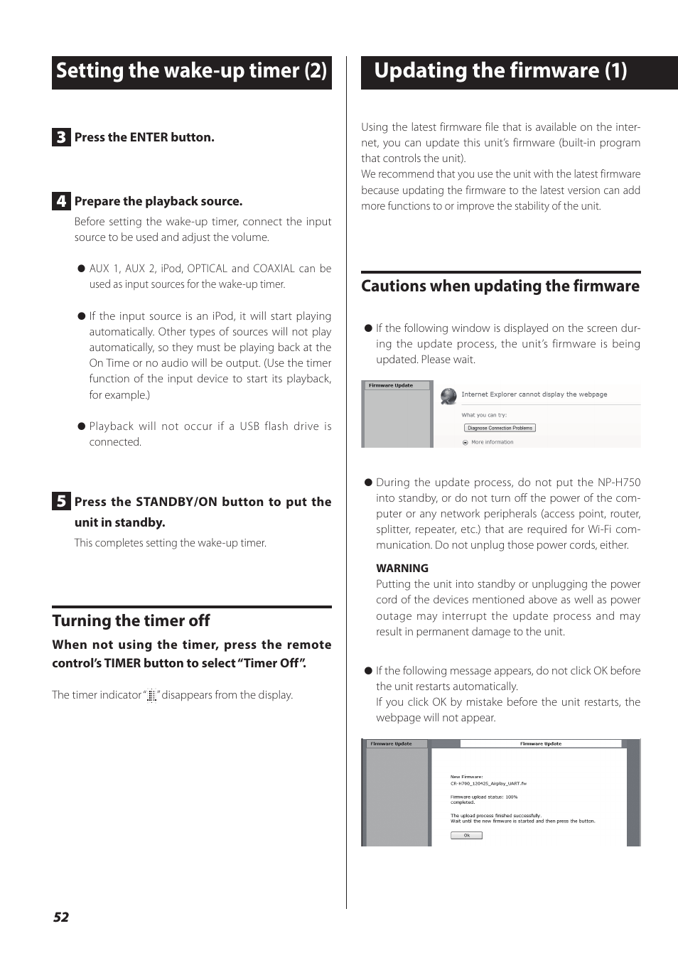 Updating the firmware, Cautions when updating the firmware, Turning the timer off | Teac NP-H750 User Manual | Page 52 / 176