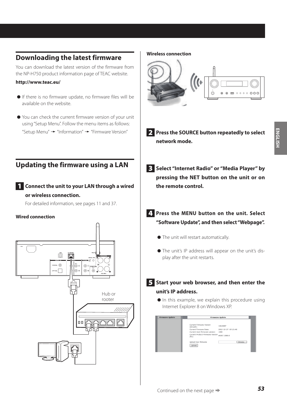 Downloading the latest firmware, Updating the firmware using a lan 1 | Teac NP-H750 User Manual | Page 53 / 176