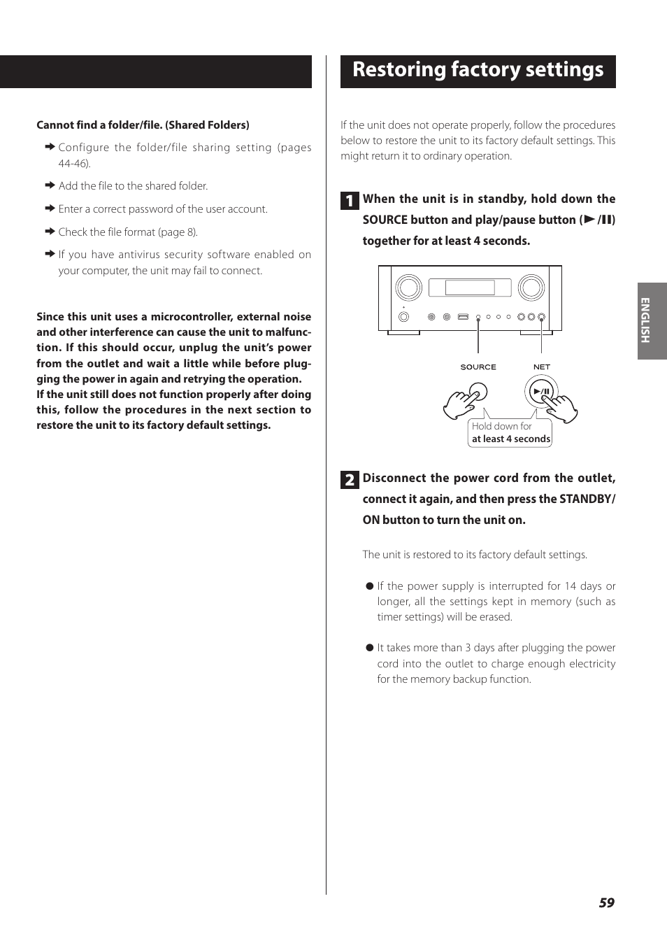 Restoring factory settings | Teac NP-H750 User Manual | Page 59 / 176