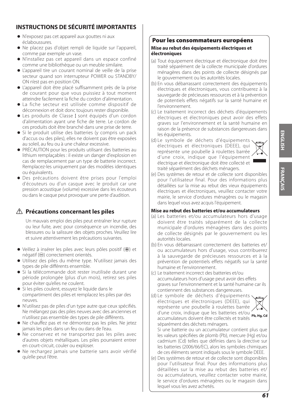 Français, Instructions de sécurité importantes, Q précautions concernant les piles | Pour les consommateurs européens | Teac NP-H750 User Manual | Page 61 / 176